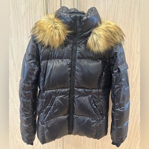 S13 Black Puffer Jacket with Faux Fur Hood